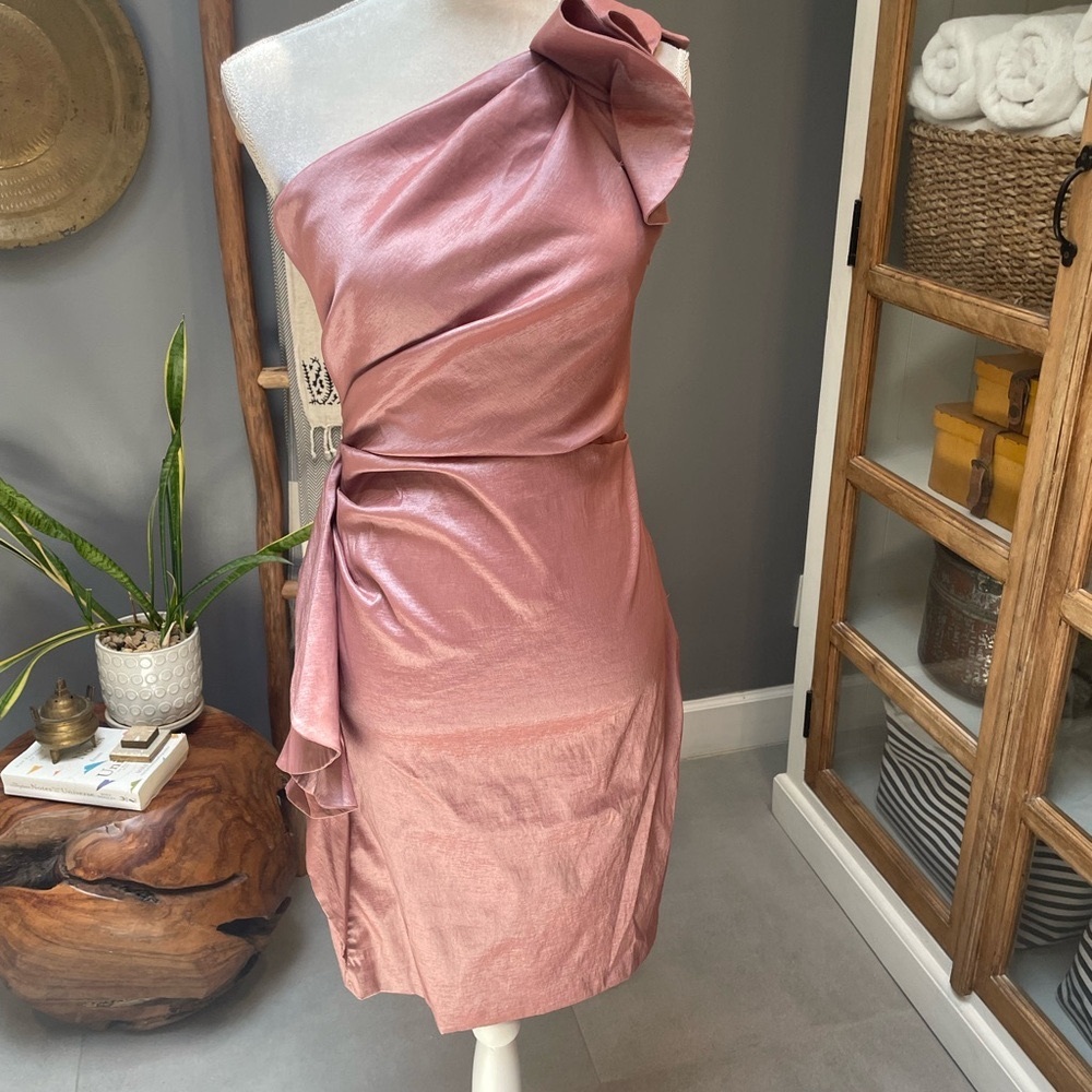 London Times One-Shoulder Metallic Pink Dress